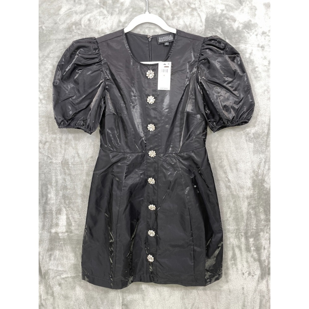 Danielle Bernstein Dress Black Rhinestone-Button Mini Women Sz 4 Babydoll NWT